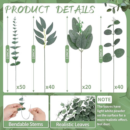 150 Pcs 4 Kinds Mixed Artificial Eucalyptus Leaves Stems Bulk Fake Silver Dollar Eucalyptus Bundle Faux Plants Greenery for DIY Bouquets Floral Arrangement Wedding Engagement Party Decor