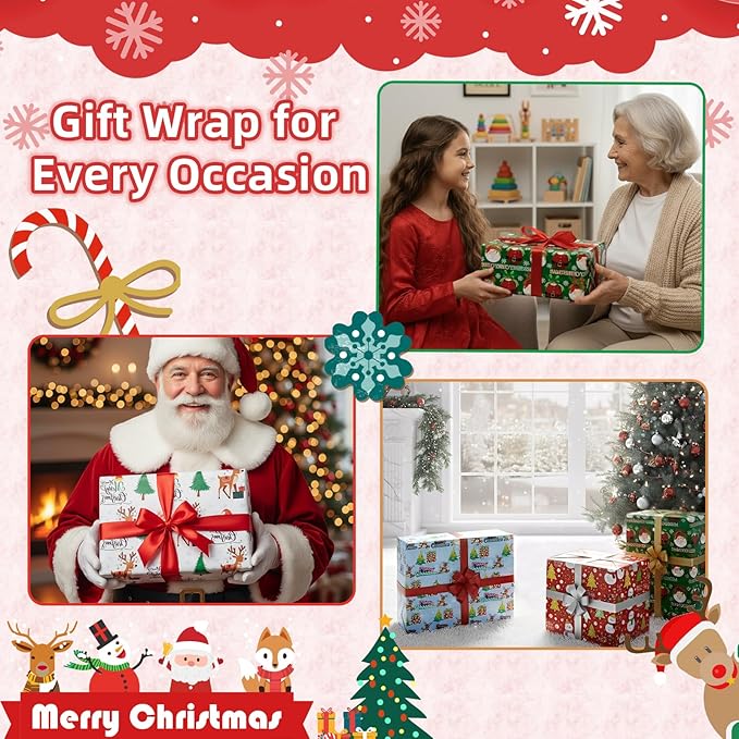Anvure Christmas Wrapping Papers (4 Rolls: 93 sq. ft total) with Santa Claus, Snowman, Elk, Tree, Xmas Pattern Design, 17 Inch*16.4 Feet per Rolls, Blue/White/Red/Green Holiday Gift Wrap for Presents