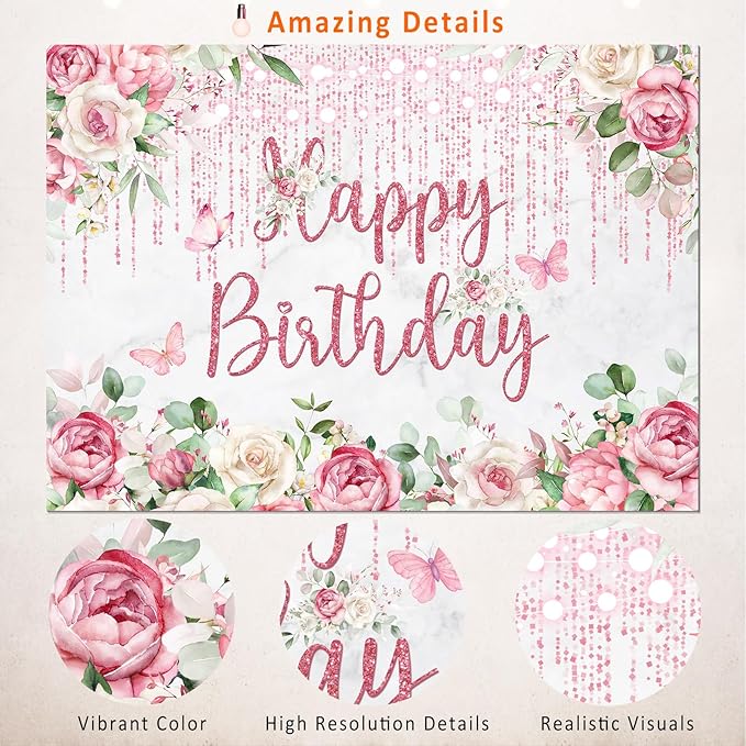 Rose Gold Birthday Backdrop Floral Birthday Decorations,Blush Pink Flower Glitters Happy Birthday Backdrops Banner Photography Background for Women Girls Bday Party Photo Booth Supplies 5x3ft