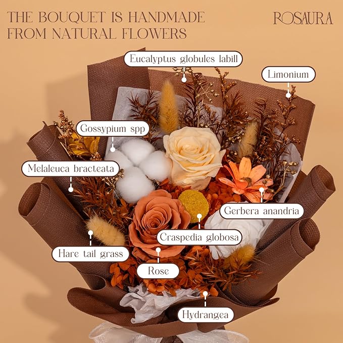 Rosaura Preserved Flowers Bouquets, Flowers for Delivery Prime, Forever Roses Bouquets Valentine's Day, Mother's Day, Christmas, Birthday Gifts (Brown)