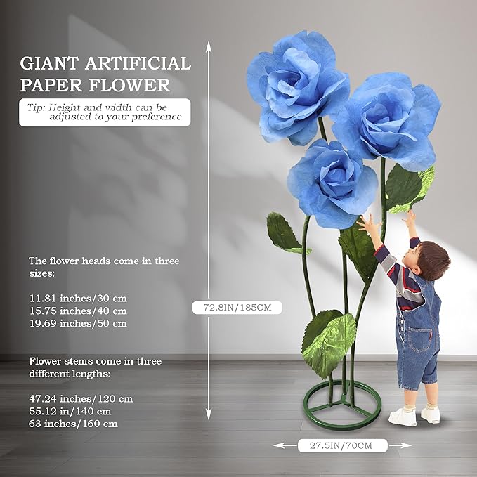 3pc Wedding Decorations for Reception, Giant Flowers for Decoration,Standing Huge Paper Flower, for Outdoor Garden Party Ceremony Reception Photography Props (Blue)