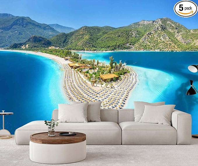Beach Wallpaper Tropical Landscape Island Mountain Wall Mural for Bedroom Living Room(Not Self-Adhesive)