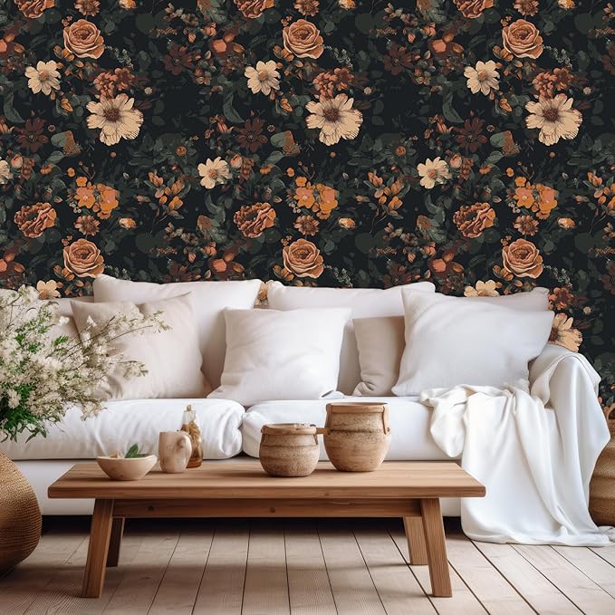 VEELIKE Retro Dark Floral Peel and Stick Wallpaper Vintage Floral Wallpaper for Bedroom Bathroom 17.7''x118'' Moody Flower Wallpapers Self Adhesive Removable Botanical Contact Paper for Cabinets Walls