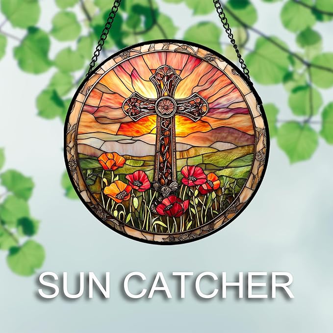 Christian Gifts for Women - Cross Stained Glass Window Hanging Jesus Easter Poppy Sunset Landscape Sun Catcher Garden Religion Decor Mother's Day Catholic Gift for Men Grandma Mom Her 9.8"