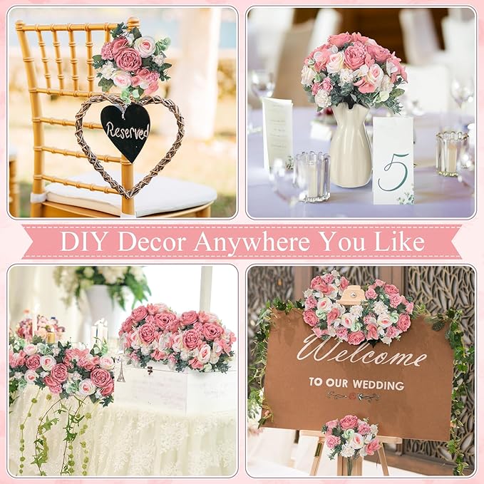 6 Pcs Artificial Peony Silk Florals Fake Mix Silk Peony Rose Faux Flower Hydrangea Bouquet Elegant Realistic Wedding Floral Centerpiece for Home Party Table Arrangement (Light Pink)