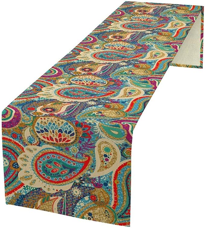 Boho Paisley Table Runner, Colorful Indian Mandala Floral Golden Aeccent Bohemian Style Table Runnner for Kitchen Dining Holiday Party Decoration, 13x36 Inch