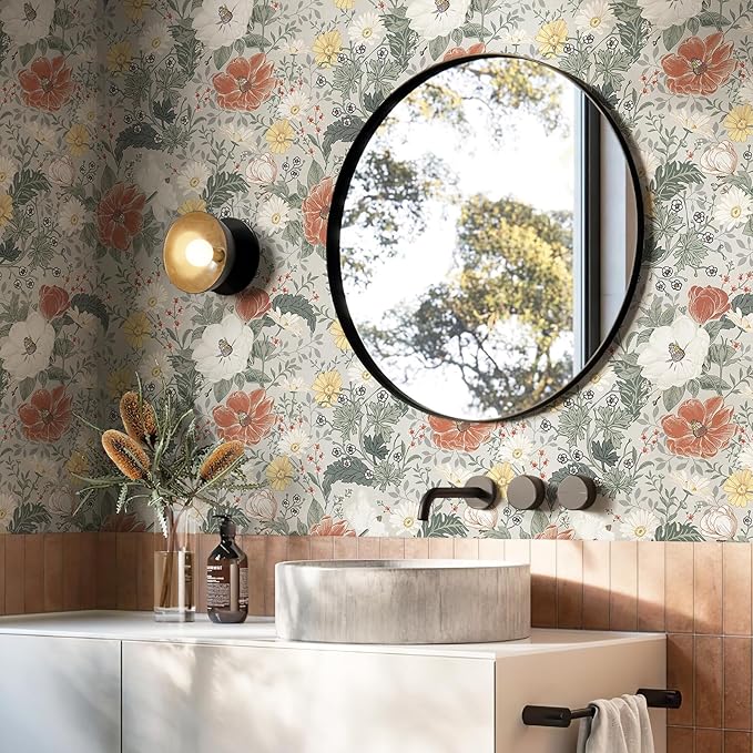 Simon&Siff Vintage Wallpaper Peel and Stick Modern Floral Wall Paper Farmhouse Botanical Contact Paper Removable Renter Friendly Wallpaper for Cabinets Countertop Wall 200" x 17.3"