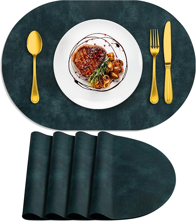 ADRIMER Placemats, Heat Resistant Oval Placemats Set of 4 Washable 12 x 17 Inch, Waterproof Table Mats, Wipeable Pu Place Mats for Kitchen, Dining Room, Dark Blue