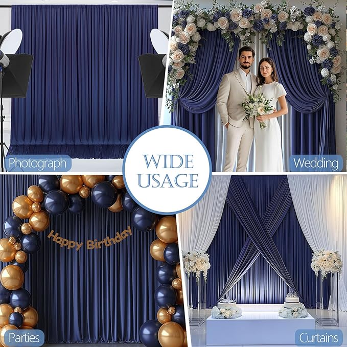 10x10ft Wrinkle Free Navy Blue Backdrop Curtain for Parties Soft Fabric Drapes Wedding Blue Curtain Backdrop for Birthday Party Decorations Background for Photography 5x10ft, 2 Panels