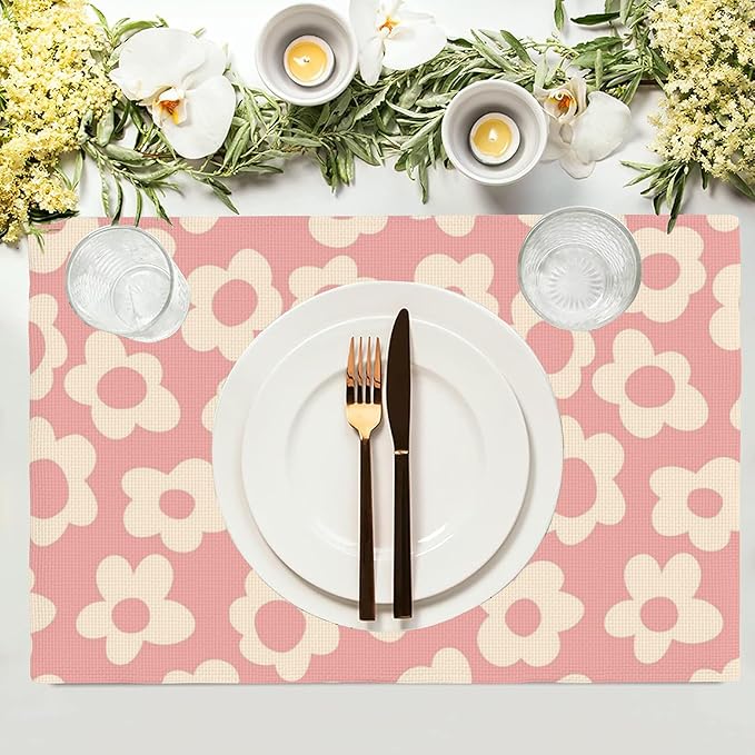 Vintage Groovy Flowers Placemats Set of 4, Placemats for Dining Table,Heat Resistant Stain Resistant Wipeable Table Mats for Kitchen Dining Holiday Party Home Decor,12x18 Inch
