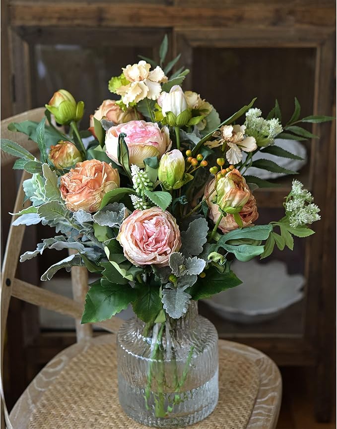 FiveSeasonStuff Vintage Blush Pink Peonies – Realistic Artificial Silk Flowers with Dry-Look Petals, 6 Stems for Rustic Home & Wedding Bridesmaids Bouquet Bridal Showers
