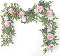 2Pcs 5.9 Ft Artificial Rose Vine Fake Flower Garland Pink Rose Hydrangea Vines with 3D Butterflies Hanging Floral Eucalyptus Garland for Wedding Party Background Arch Table Wall Home Decor