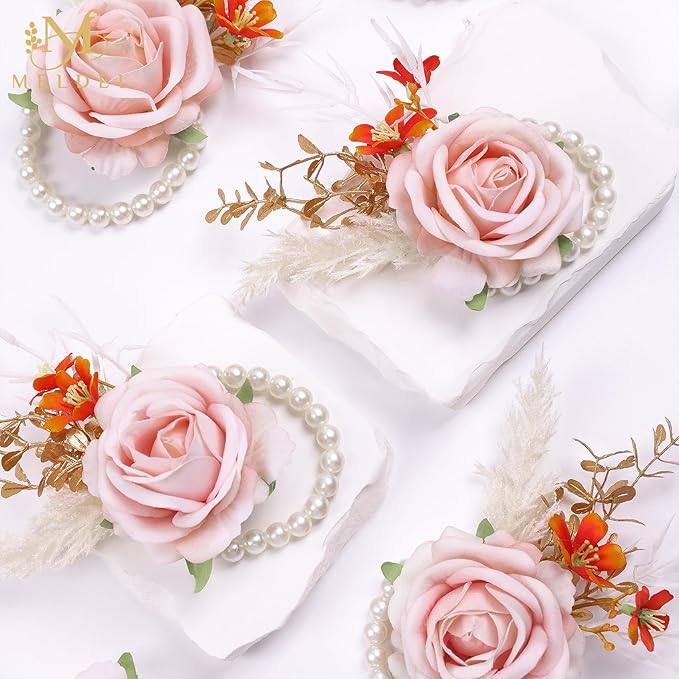 Meldel Pink Velvet Rose Wrist Corsage, Set of 6, Wedding Bridal Flower Corsage Hand Decor for Prom Party Homecoming, Wristband Flowers Bride, Bridesmaid, Girl,Mother of The Bride Corsage