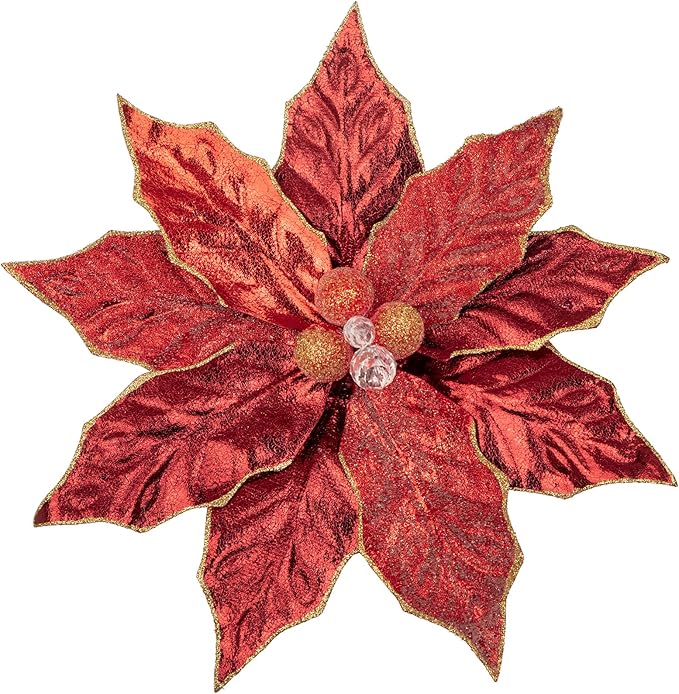Hollyone 3PCS Poinsettia Christmas Flowers Artificial 11" Large Red Glitter Poinsettia Flowers Christmas Tree Ornaments Floral Picks for Tree Wreath Garland Vase Table Centerpiece Home Decor