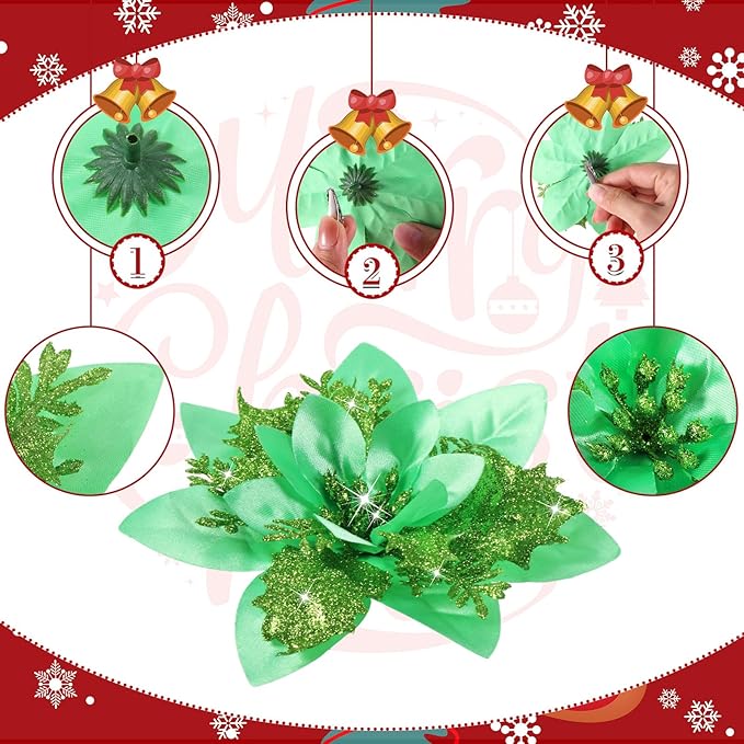 Geosar 36 Pcs Christmas Glitter Artificial Poinsettia Flowers Xmas Poinsettia Artificial Wedding Flowers Decorations Xmas Tree Ornaments with Clips for Party, 6 Inch, 4 Inch, 3 Inch(Emerald Green)