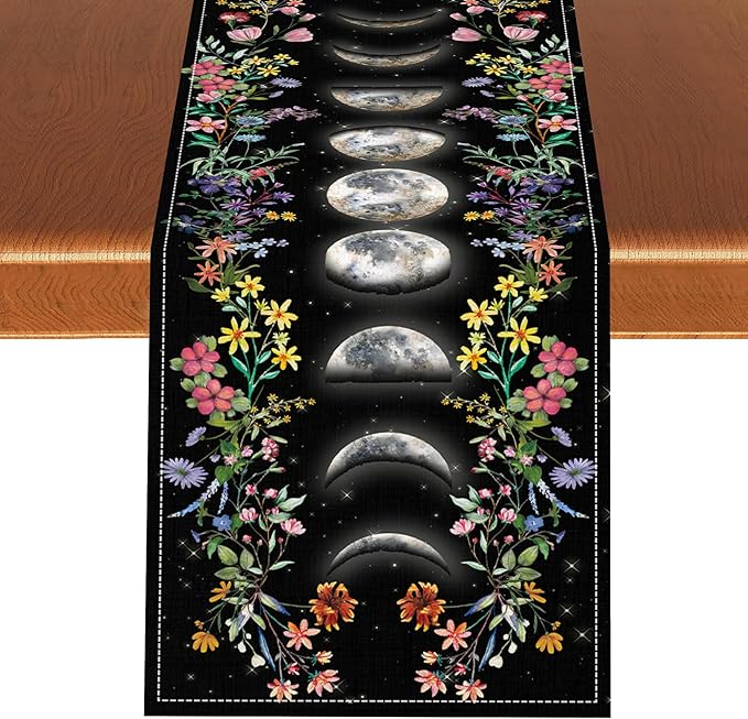 Boho Floral Table Runner, Spring Gothic Moon Phase Wildflower Mystical Witchy Farmhouse Coffee Table Center Decor for Home Kitchen Dining Patio Holiday Party Table Decorations 13x72 inches