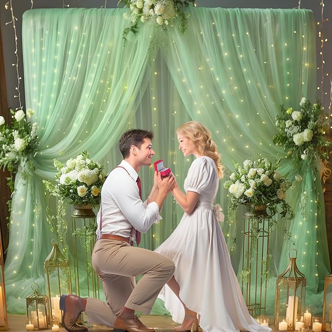 30x8ft Olive Green Tulle Backdrop Curtain with Lights String for Parites, Sheer Backdrop Curtains for Wedding Baby Shower Birthday Party Photo Shoot Decorations