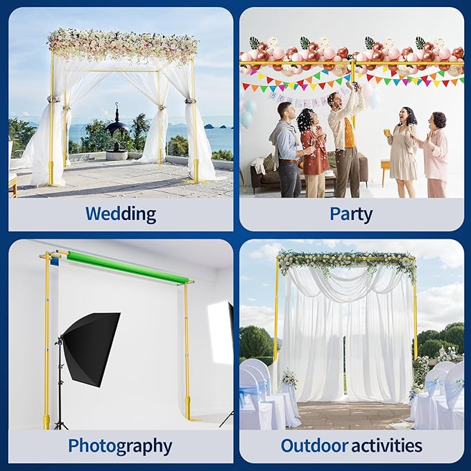 12x10ft Pipe and Drape Backdrop Stand, Double Crossbar, Heavy Duty Adjustable Background Frame with Metal Base for Parties Photography Wedding Photoshoot Decoration - Gold