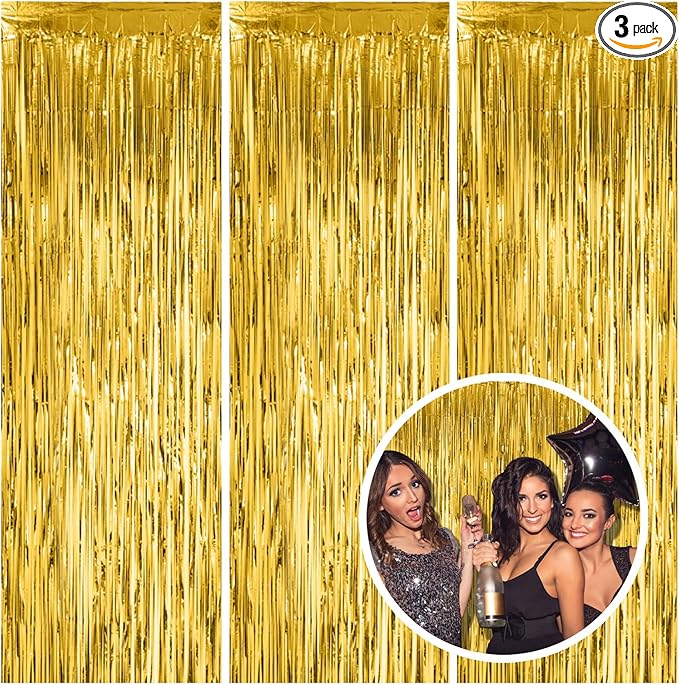 3 Pack Gold Fringe Backdrop Curtain Tinsel Party Streamers Birthday Party Decorations New Year Photo Booth Backdrop Halloween Christmas Graduation Bachelorette Theme Party Decorations