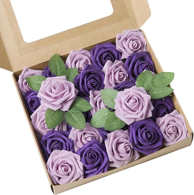 Meldel Artificial Flowers 25pcs Real Looking Purple Lilac Foam Fake Roses with Stems for DIY Wedding Bouquets Bridal Shower Centerpieces Floral Arrangements Home Decorations Bulk Crafts Rose