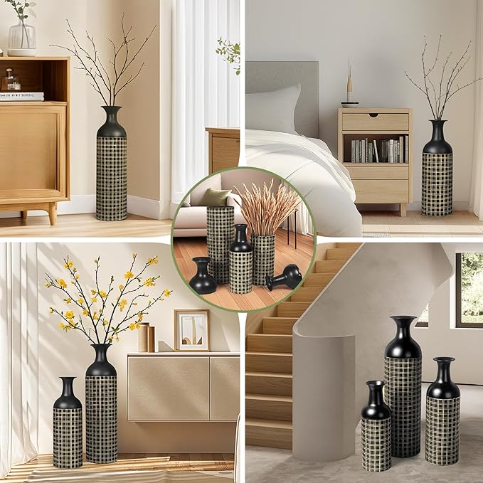 Tall Floor Vase Set of 3, Large Black Metal Vases with Minimalist Gold Lines & Detachable Vase Mouth, Big Modern Decorative Vases for Living Room,Hallway,Dining Room,Office,Kitchen.