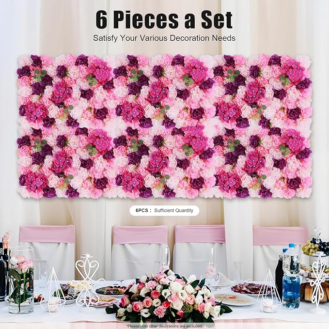 Flower Wall Panel Set,Artificial Wall Flower Backdrop,6Pcs 23.62 * 15.74 3D Silk Hydrangea Rose Floral Panel,Faux Roses Artificial Flower Backdrop for Wall Decor (6PCS Pink, Purple)