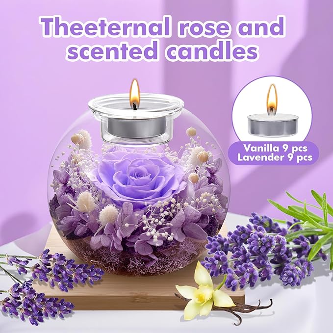 Christmas Birthday Gifts for Women Preserved Roses in Glass Dome with Scented - Romantic Preserved Flower for Women, Girlfriend, Wife, Mom, Grandma, Sister, Her-lightpur