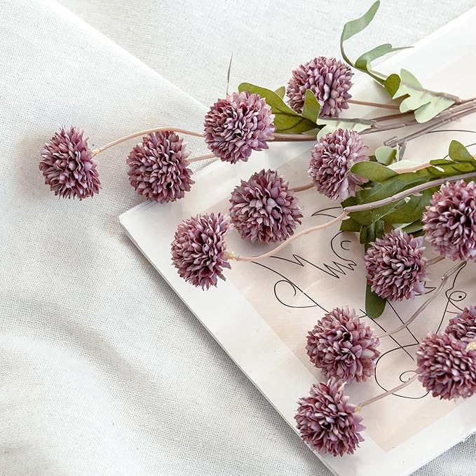 Artificial Kiku Flower - 5 Pcs Fake Pompon Mums Silk Small Chrysanthemum Faux Ball Fall Flower Stem Decor for Autumn Wedding Filler DIY Bouquet Centerpieces Arrangements Shower (Grey Purple)