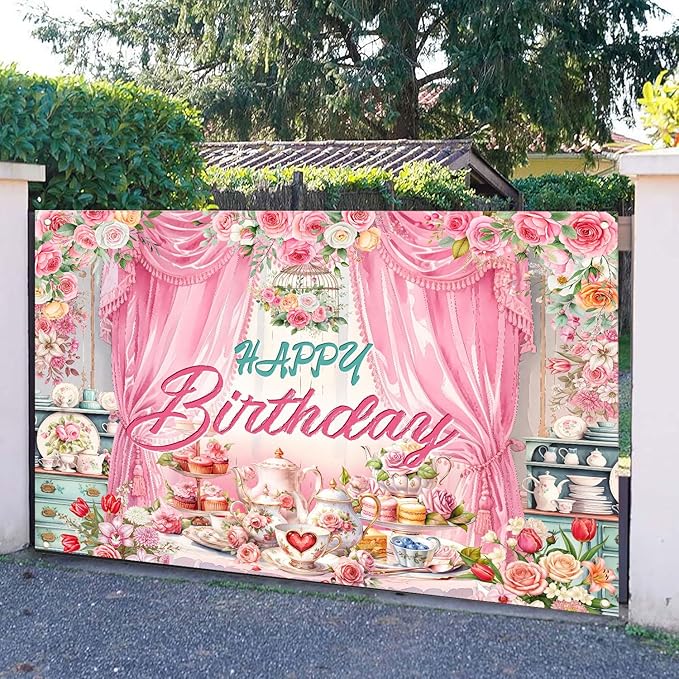 Tea Party Backdrop Let's Partea Happy Birthday Photography Background Wonderland Pink Rose Floral Teapot Women Tea Party Decor Banner Portrait Photo Booth Studio Props 9x6ft FU084YL