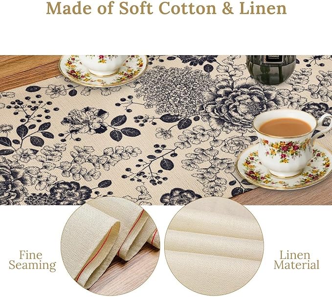 Boho Floral Table Runner, Vintage Rose Peonies Hydrangea Flower Botanical Aesthetic Gothic Beige Black Garden Table Runner for Indoor Outdoor Home Party Holiday Decor, 13x60inch