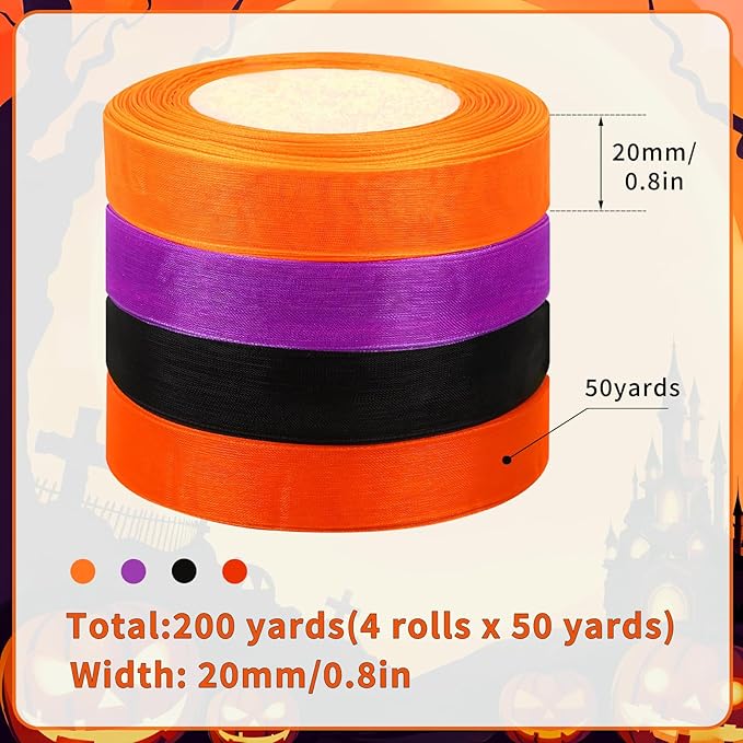 DECYOOL 4 Rolls 200 Yards Halloween Ribbons for Gift Wrapping, 4/5" Wide Halloween Organza Ribbons Orange Purple Black Ribbon for Party Home Decoration DIY Crafts