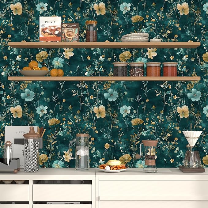Vintage Floral Peel and Stick Wallpaper Boho Wallpaper 17.5''x393'' Teal/Blue/Yellow Wildflowers Vinyl Contact Paper Waterproof Self Adhesive Modern Stick on Wall Paper for Bedroom Wall Table Cabinet