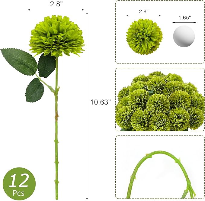 SITUMEIZI 12 Pcs Green Artificial Chrysanthemums Flowers Ball Flower Fake Mums Silk for Wedding Home Kitchen Decoration Floral Arrangement