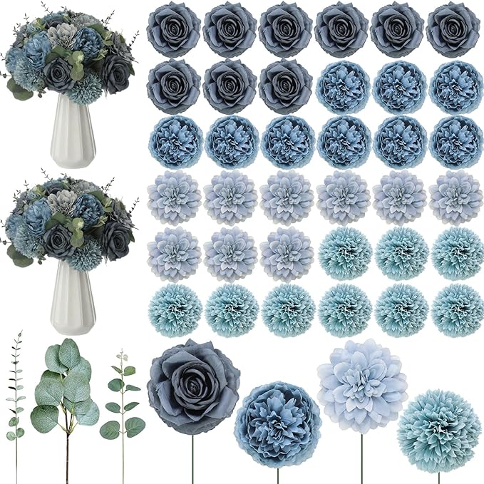 98 Pcs Assorted Faux Flowers Heads with Stem Eucalyptus Leaves Silk Artificial Flowers Bouquet Floral Table Centerpieces for DIY Wedding Party Wreath Home Decoration(Gray Blue,Vivid Style)