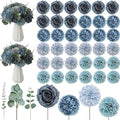 98 Pcs Assorted Faux Flowers Heads with Stem Eucalyptus Leaves Silk Artificial Flowers Bouquet Floral Table Centerpieces for DIY Wedding Party Wreath Home Decoration(Gray Blue,Vivid Style)