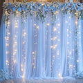 10ft x 8ft Baby Blue Tulle Photo Backdrop Curtain with Lights String for Parties Wedding Sheer Blue Curtain Backdrop for Birthday Party Baby Shower Boy Photo Booth Photography Background Decorations