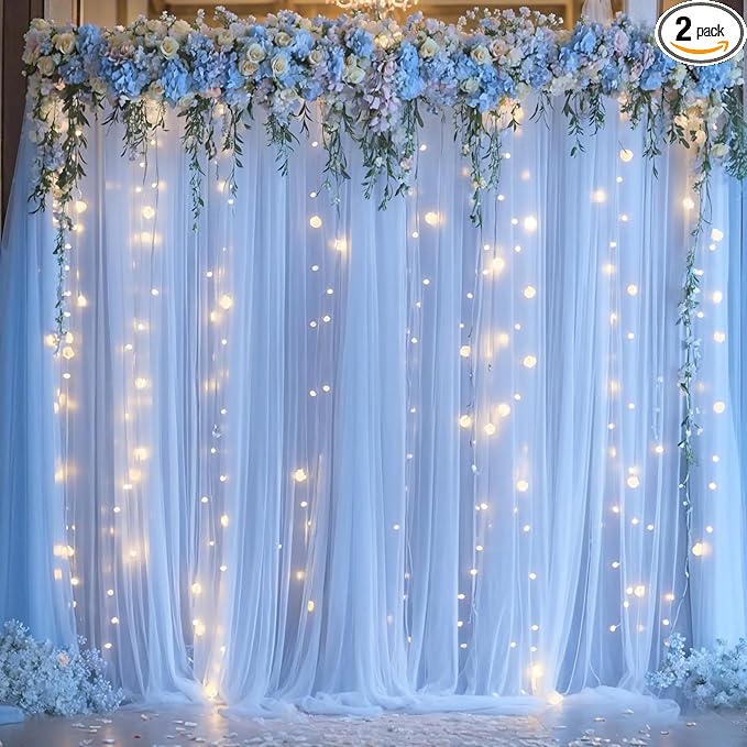 10ft x 10ft Baby Blue Tulle Photo Backdrop Curtain with Lights String for Parties Wedding Sheer Blue Curtain Backdrop for Birthday Party Baby Shower Boy Photo Booth Photography Background Decorations