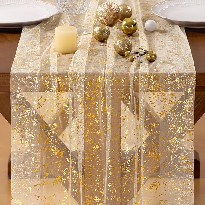 Socomi Gold Table Runner Christmas Gauze Sheer Chiffon Cheesecloth Sequin 10FT Glitter Metallic Foil Dining Wedding Birthday Party Fall Winter Anniversary Holiday Centerpiece Table Decor Beige