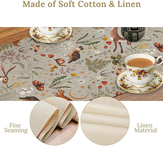 Rustic Forest Table Runner, Retro Country Wild Animals Hare Squirrel Owl Snake Snail Flowers Mushroom Print Table Cover for Home Holiday Party Indoor Outdoor, 13x108inch