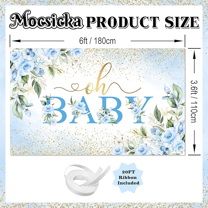 Mocsicka Oh Baby Backdrop Blue Floral Baby Shower Banner for Boys Party Decorations Photo Booth Props (Blue, 6x3.6ft)
