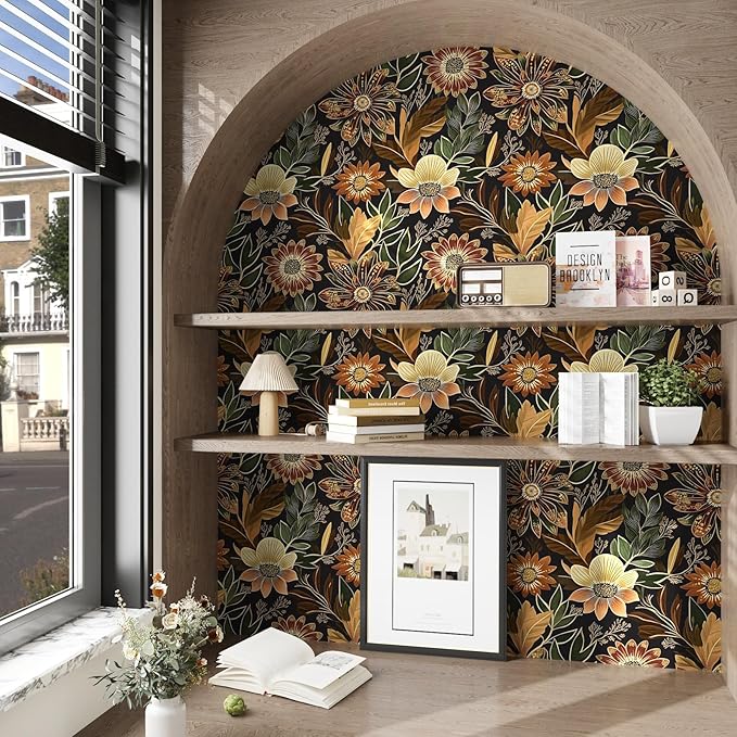 Boho Wallpaper Peel and Stick Dark Floral Wallpaper for Cabinet Vintage Contact Paper Waterproof Self Adhesive Removable Modern Wall Paper for Bedroom Stair Bathroom 17.5in x118in