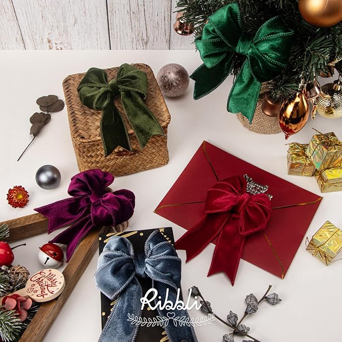 Ribbli Burgundy Velvet Wired Ribbon 2.5 Inch Velvet with Satin Christmas Ribbon for Gift Wrapping Christmas Tree Decoration Crafts Wreaths Supplies-Continuous 10 Yards