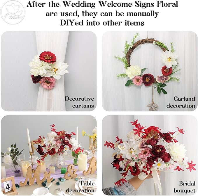 Wedding Arch Flowers Kit,Artificial Flower Arch Decor (Set of 3),2pcs Artificial Flower Arrangement with 1pc Sheer Drape for Wedding Decor Reception Backdrop Floral Decorations (Wine Red)