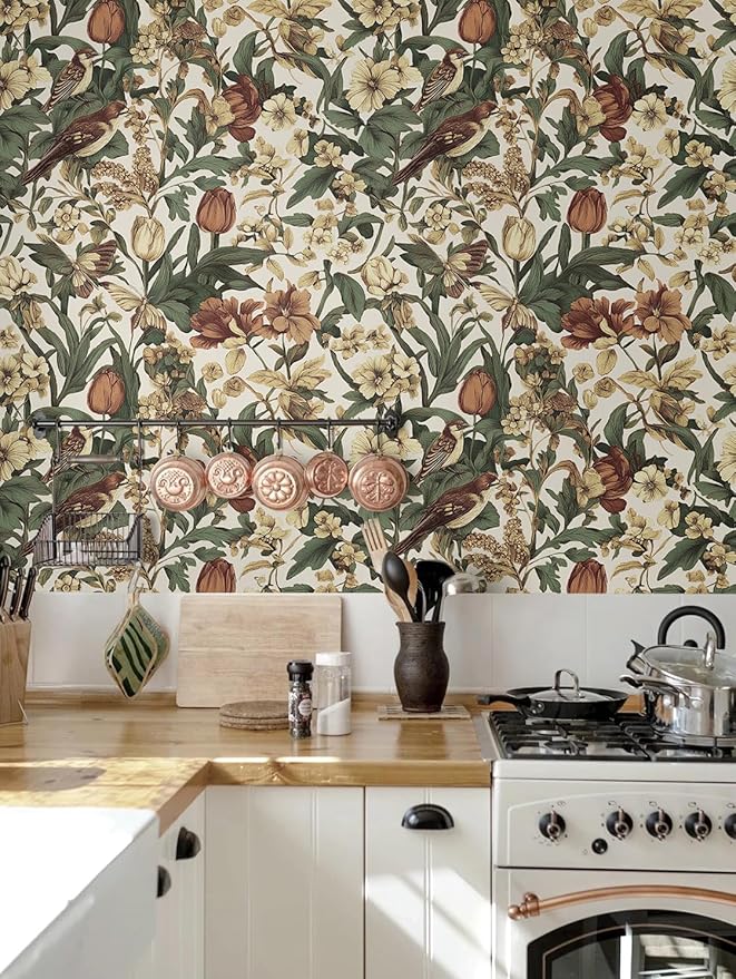 Erfoni 17.3" x197" Beige Retro Floral and Bird Contact Paper Vintage Peel and Stick Wallpaper for Bedroom DIY Self Adhesive Wall Paper Boho Floral Leaf Removable Wallpaper for Accent Wall Covering