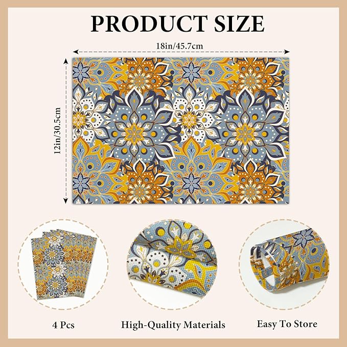 Cotton Linen Waterproof Placemats Set of 4, Blue Teal Flowers Bohemian Dining Mat Table Mats Decor Fabric for Kitchen Dinner Coffee Shop Table, Indoor/Outdoor Washable Wipeable Placemat -N018
