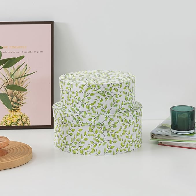 Soul & Lane Oblong Decorative Cardboard Storage Boxes with Lids, Set of 2 Botanical Green and White Keepsake Memory Boxes, Oval Nesting Paperboard Storage for Gifts, Lovely Leaves