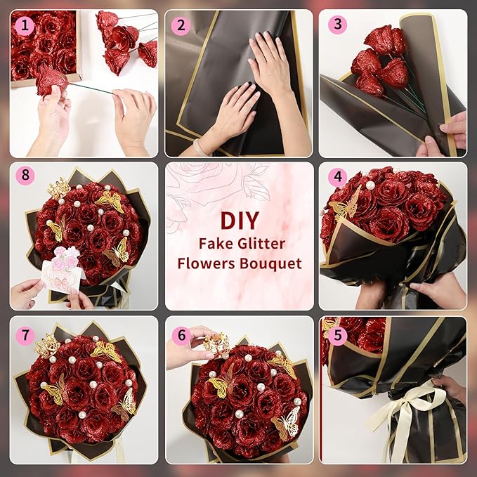Glitter Roses Bouquet, Shiny Artificial Roses Flowers with Stems DIY Fake Glitter Flowers Bouquet for Valentine's Day, Anniversary, Graduation, Birthday, 36 Roses (Red)