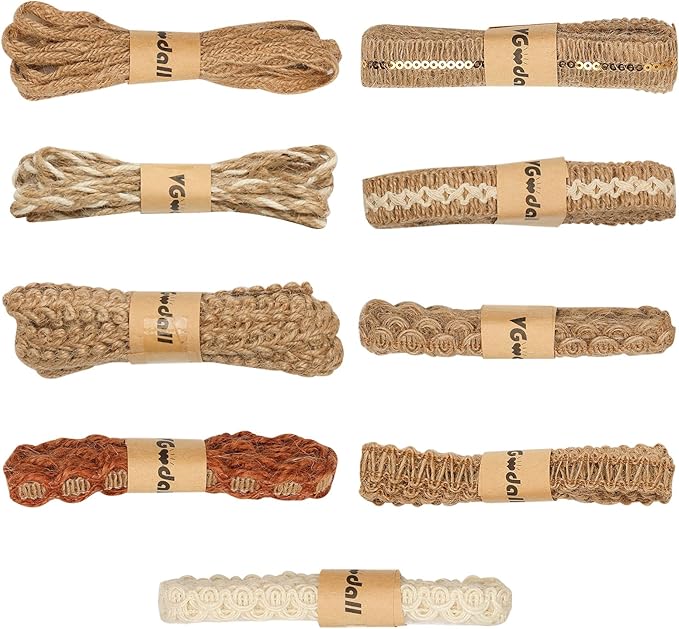 VGOODALL 9 Rolls Jute Ribbons Lace Craft Ribbon 18 Meters for Crafts Wraping Gifts Party Holiday and Rustic Wedding Decorations