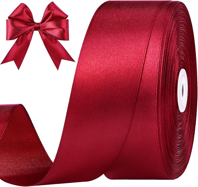 1-1/2 Inches 100 Yards Wine Red Satin Ribbon, Solid Fabric Ribbon Roll for Flower Bouquets, Gift Wrapping, Wedding, Handmade Crafts