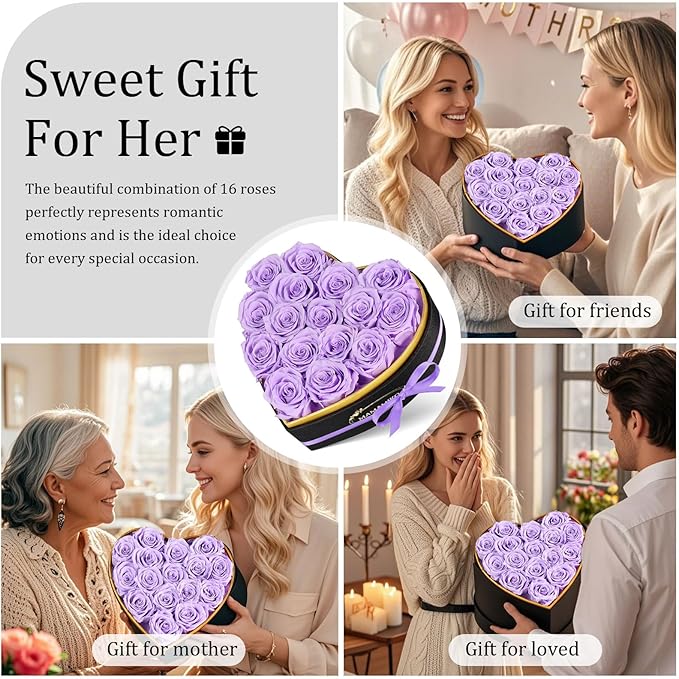 16 Preserved Roses in Heart Shape Gift Box for Her - Forever Flowers for Delivery, Eternal Rose Mothers Gifts for Mom, Wife Anniversary Birthday Gifts for Women, Purple